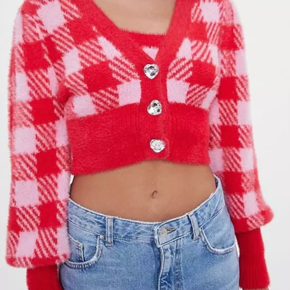 Bershka Plaid Print Fuzzy Cardigan 